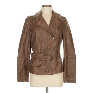 Lauren Ralph Lauren Lamb Leather Tan Belted Zipper Moto Jacket Brown Cognac 6